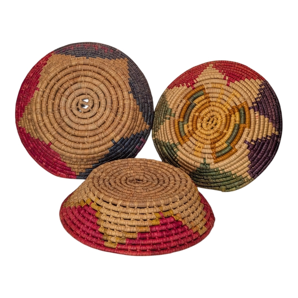 Vintage African Coiled Basket Set of 3 Handwoven Straw Nesting Baskets